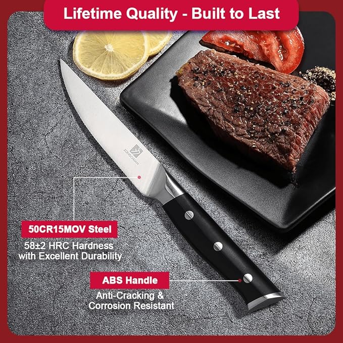 Medium Steak Knives Set of 8, 4.5 Inch High-Carbon Stainless Steel Serrated Steak Knife,Ergonomic Black Handles,Razor-Sharp, Dishwasher Safe, Rust-Resistant & Durable,Full Tang With Excellent Gift
