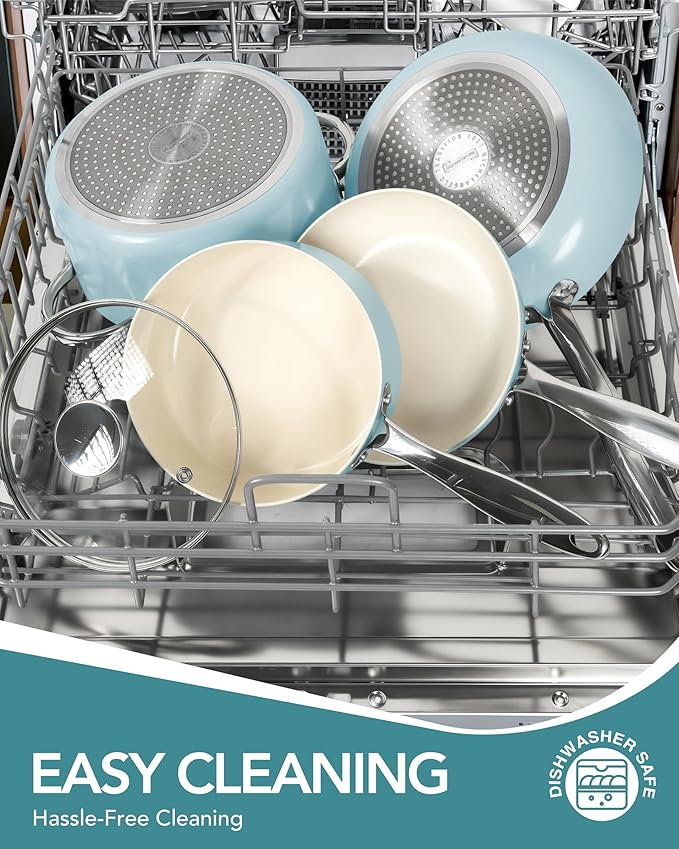 MICHELANGELO Pots and Pans Set Non Stick - Ceramic Cookware Set Non Toxic, 8-Pcs Nonstick Pots and Pans with Ergonomic Handle, Dishwasher Safe & Induction Compatible, Blue