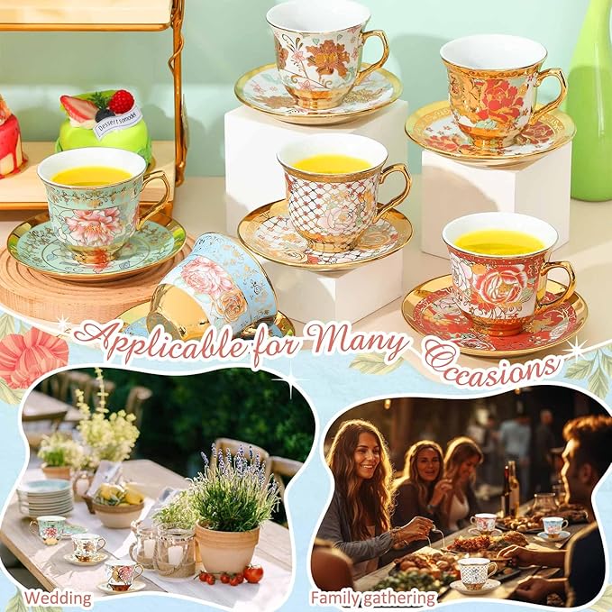 Set of 24 Tea Cups and Saucers Tea Party Decorations Floral Porcelain 5.4 oz British Gift for Women Birthday Party, Church, and Mother's Day (Stylish Style)