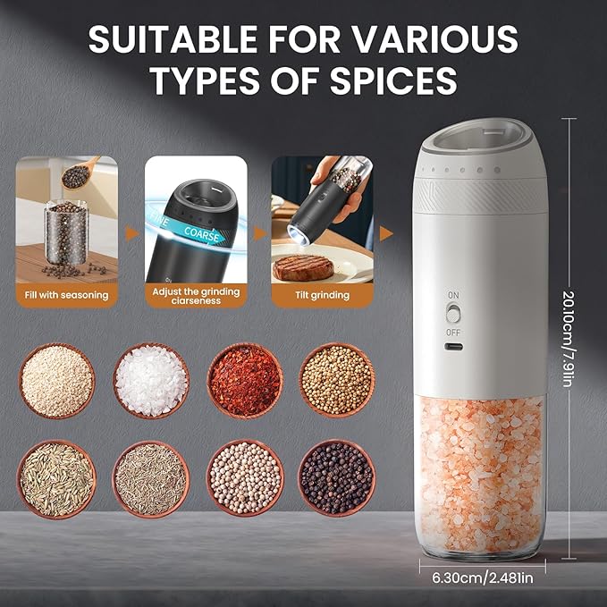 2 Pack Gravity Rechargeable Electric Salt and Pepper Grinder Set, Automatic Salt Pepper Shaker, LED Light One Hand Operation, Washable 176ML Container, Adjustable Coarseness, Black+White