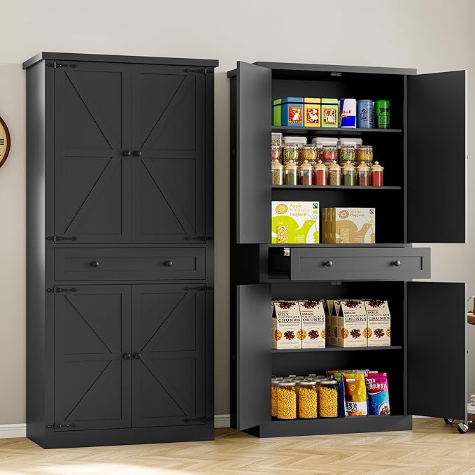 Pantry Organizers and Storage Cabinet, 70??Barn Door White Kitchen Cabinet with Drawers and Adjustable Shelf, Tall Pantry for Kitchen, Dining Room, Living Room Bedroom