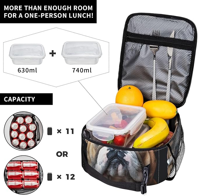 VANZEV Insulated Lunch Box for Women Men, Bulldog Theme Lunch Box Reusable Portable Lunch Bag Cooler Tote Waterproof Lunch Container for Office Picnic Work Travel