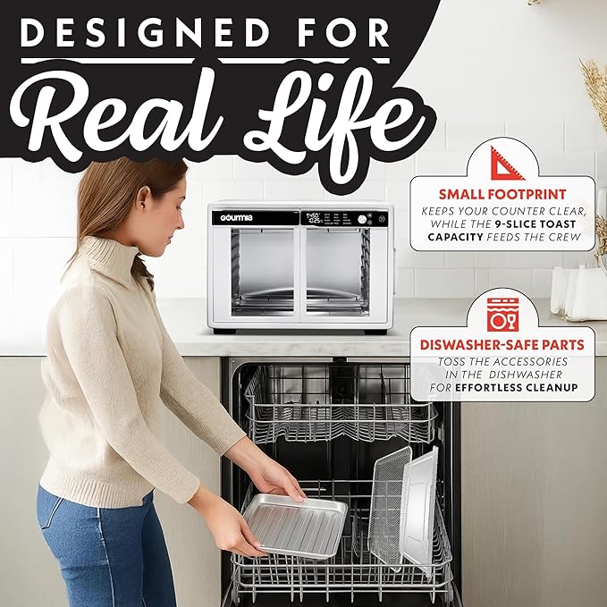 Gourmia French Door Air Fryer Oven - 37 Qt Large Capacity Convection Toaster Oven, FryForce 360°, Digital Display, 12 Cooking Presets, Dehydrate, Fits 13??Pizza, Dishwasher-Safe, White