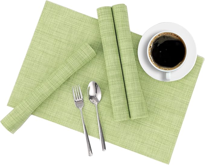 Set of 8 Green Placemats - Durable, Heat Resistant, Non-Slip, Washable PVC Vinyl Woven Table Mats for Dining Table - 12 x 17 Inch