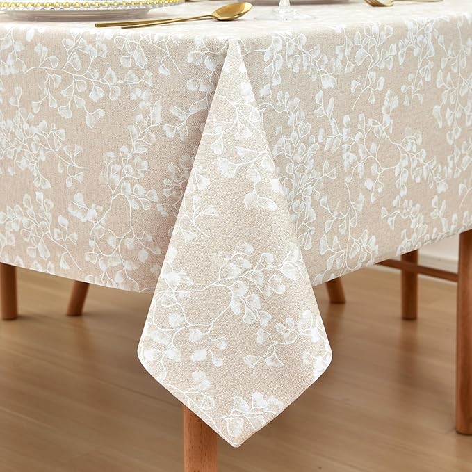 LOHASCASA Heavy Duty Vinyl Oilcloth Tablecloth PVC Waterproof Plastic Wipeable Spillproof Peva Tablecloth for Spring Outdoor Camping Picnic Oblong 54x84 Inch Tan Flower