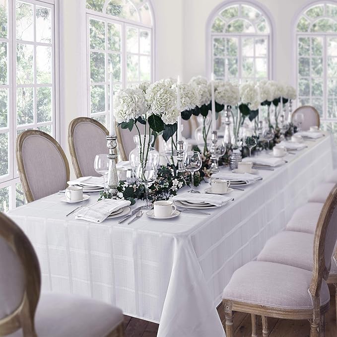 Newbridge 60 x 102 Inch Rectangle Fabric Tablecloth, Elegance Plaid, 100% Polyester, No Iron Soil Resistant Dining Room, Party and Banquet Table Cover, Solid Textured, White