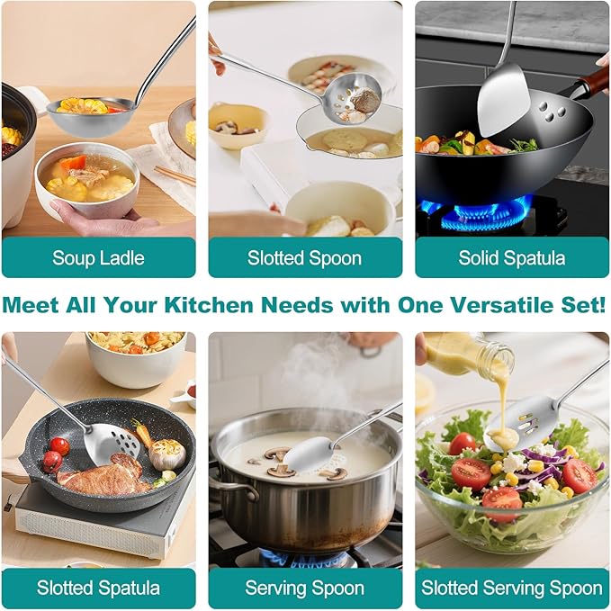 6Pcs Stainless Steel Kitchen Utensils Set ??Cooking Utensils Set Stainless Steel, Metal Cooking Utensils with Wok Spatula, Serving Spoons,Ladle Set??Durable Cooking Supplies for Home and Camping