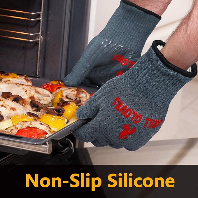 QUWIN BBQ Gloves, Oven Gloves 1472??Extreme Heat Resistant, Grilling Gloves Silicone Non-Slip Oven Mitts, Kitchen Gloves for BBQ, Grilling, Cooking, Baking-1 Pair??(Grey, One Size Fits Most)