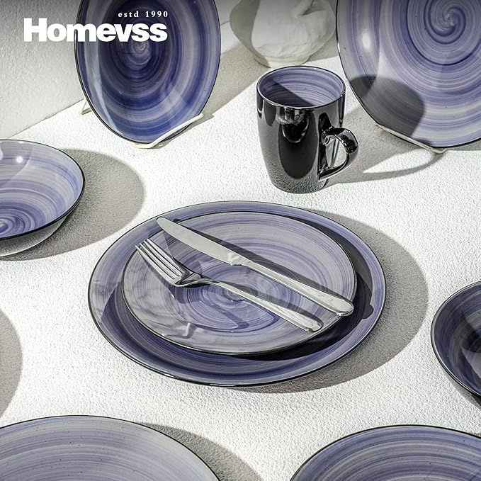 Sonoma Stoneware 16pc Dinnerware Set, Outside Black + Inside Hand Painting Color Cobalt