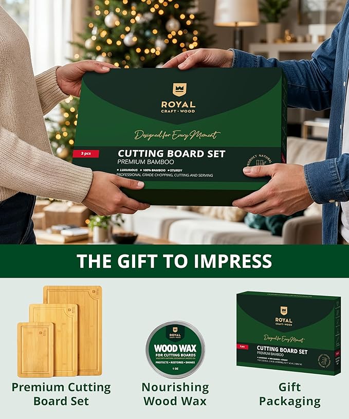 ROYAL CRAFT WOOD Bamboo Cutting Board Gift Set ??3-Piece Reversible Wooden Boards with Deep Juice Groove & Handles ??Premium Charcuterie & Butcher Blocks for Kitchen ??Holiday Gift-Ready Packaging