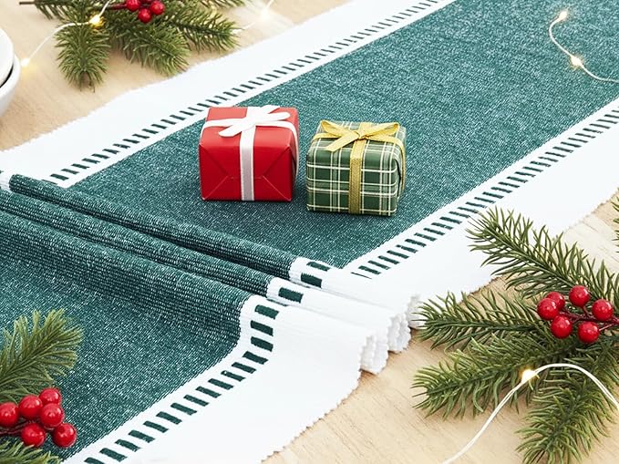 PurpleEssences Table Runner - Wide with Dobby Stripe, Heavy Ribbed Weave & Double Knot Fringes, 14x72 Inch (14x77.5 with Fringes) Farmhouse Decor - Christmas Holiday Winter -Forest Green and White