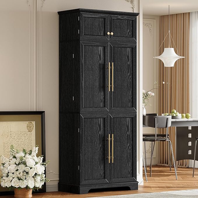 Merax 78.2" Tall Kitchen Pantry Storage Cabinet, Farmhouse Freestanding Large Cupboard with Hidden Drawer, Cabinet, 4 Adjustable Shelves, 8 Door-Shelf & 7 Wine Rack for Dining Room, Black