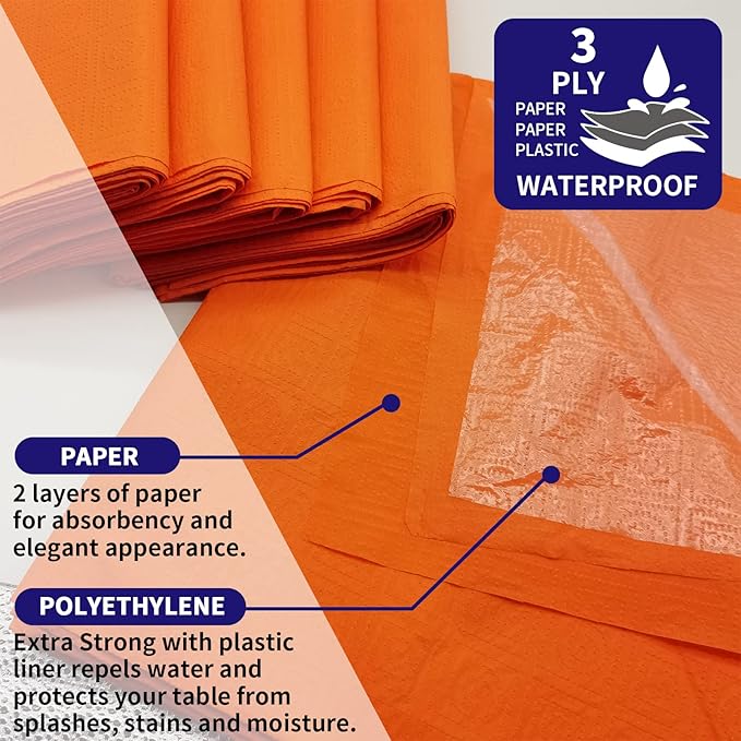 [6 Pack] Orange Paper Tablecloth Disposable for Rectangle Tables, 54 X 108 Inch Party Table Cover with Plastic Backing, Waterproof 3 Ply Table Cloth for Thanksgiving Halloween Fall Harvest Day