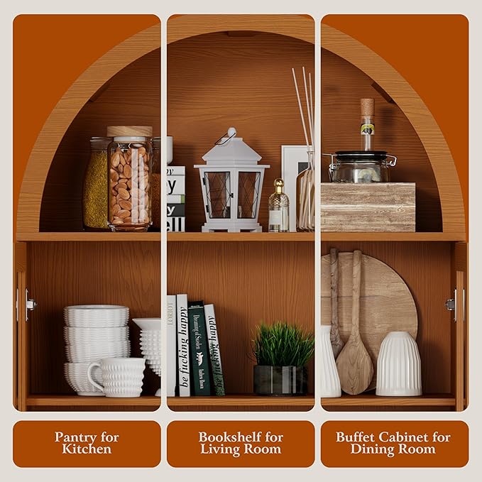 71" Tall Arched Kitchen Pantry, Modern Farmhouse Wood Kitchens Storage Cabinets with Sliding Doors竊?Adjustable Shelves, Versatile Cupboard for Kitchen, Living Dining Room, Bathroom (Yellow Walnut)