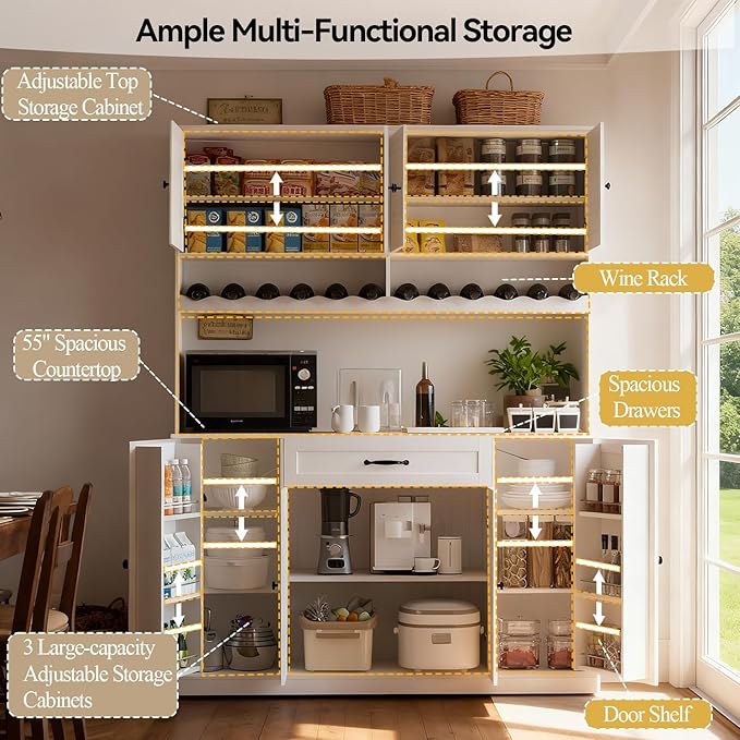 72" Tall Pantry Storage Cabinet with LED Light 55" Wide Kitchen Pantry Cabinet with Charging Station and Adjustable Shelves Modern Kitchen Hutch with Wine Rack and Large Countertop White