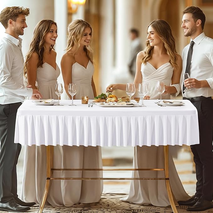 Wish Care 6 Pack White Spandex Tablecloths for 6 Foot Rectangle Tables, Wrinkle Free Fitted Table Cover Rectangular Stretch Table Clothes Ruffles Pleated Desk Skirt for Wedding Birthday Banquet Party