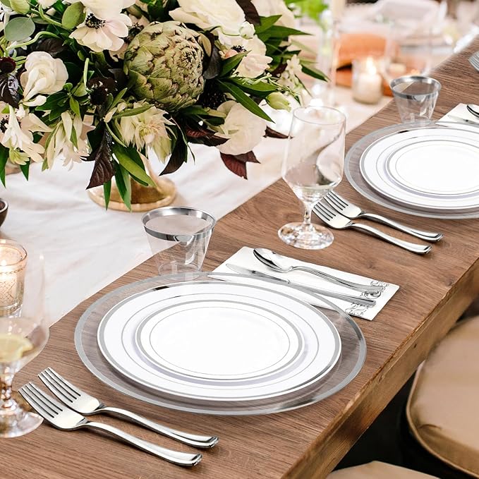 Goodluck 12 Inch Disposable Charger Plates Plastic, 100 Pack Plastic Clear Charger with Silver Rim for Dinner, Wedding, Party