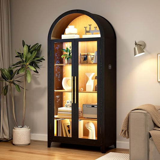Arch Storage Cabinet with Tempered Glass Door, 71??Arched Display Floor Cabinet, 5 Tier Farmhouse Buffet with Storage for Dining Room, Living Room, Home Office or Kitchen(Black&Oak)