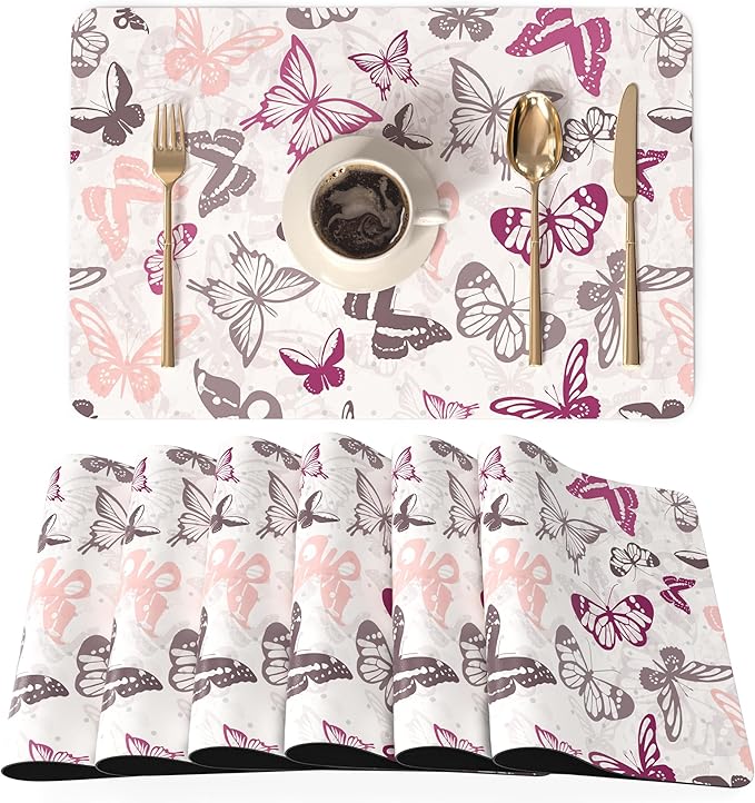 QIYI Placemats Set of 6, 12x18 Inch Faux Leather Place Mats for Kitchen Dinning, Heat Resistant Anti Slip Table Mats, Waterproof Wipeable Washable Placemat Party Table D챕cor, Watercolor Butterflies