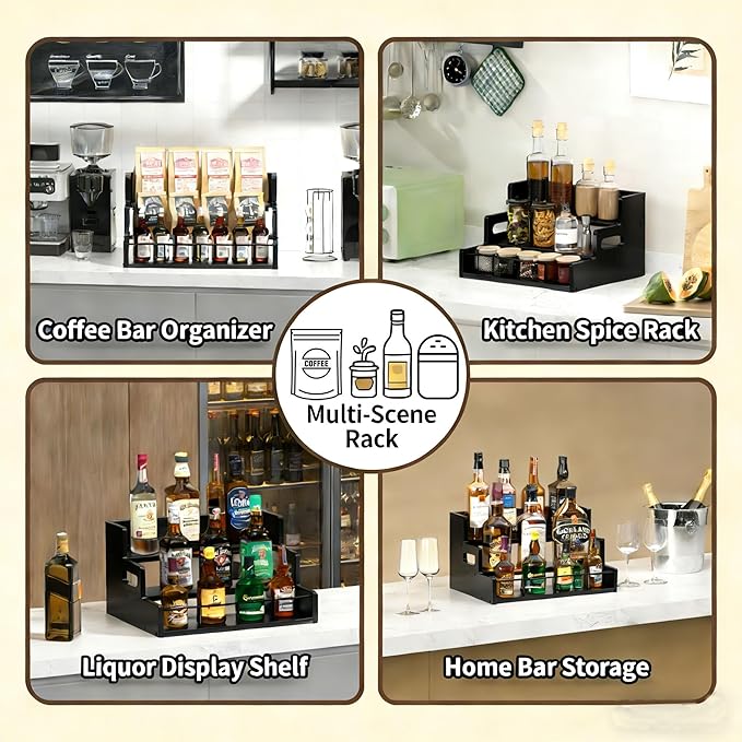 Liquor Bottle Display Shelf,Wood Syrup Organizer Rack,3 Step Countertop Organizer Wine Rack,Rustic Coffee Station Accessories for Syrup (Black)