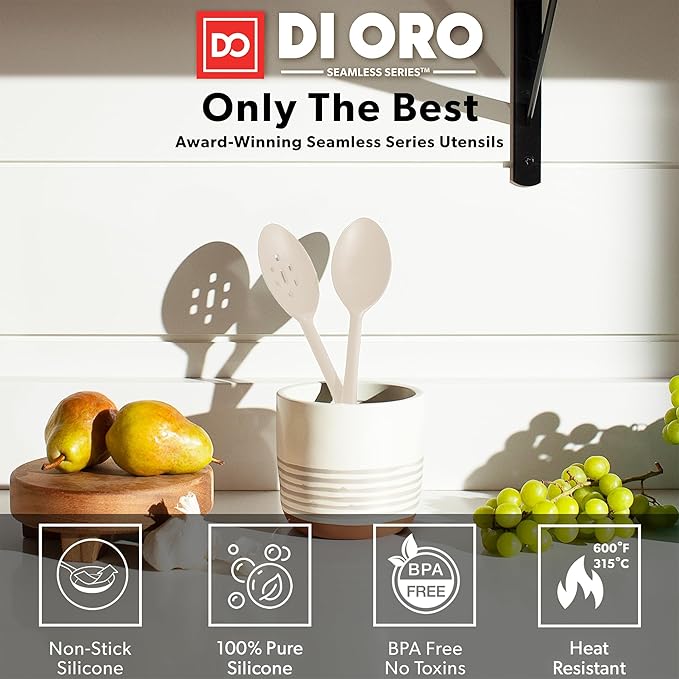 DI ORO Silicone Spoons for Cooking - Large Kitchen Spoons for Mixing, Serving, & Stirring - 600째F Heat-Resistant Non Stick Utensils ??Big Solid & Slotted Basting Spoons - Dishwasher Safe (2pc, Clay)