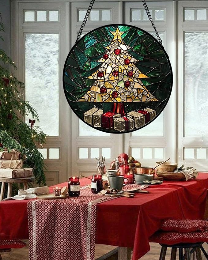 Stained Glass Window Hanging - Golden Christmas Tree Suncatcher for Doors Home Christmas Decoration Winter Sun Catcher Thanksgiving New Year Birthday Gifts for Women Men Mom Nana Girl 6.3 in