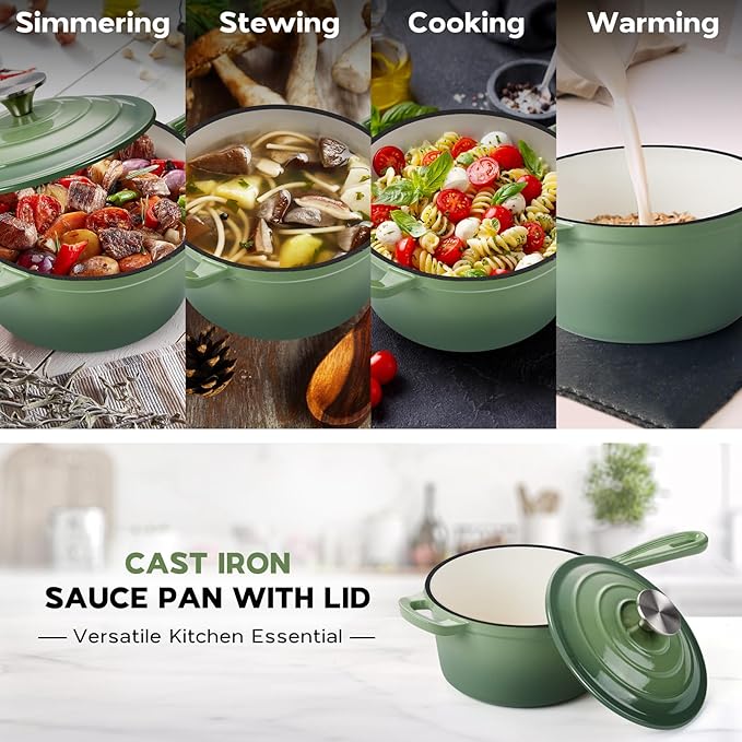 Onader Cast Iron Sauce Pan Pot, 2QT Small Saucepan with Lid, Enameled Cast Iron Dutch Oven Cooking Kitchen Pot ??Pistachio Green