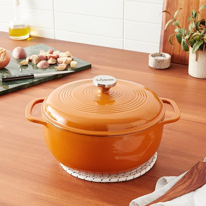 Lodge 6 Quart Enameled Cast Iron Dutch Oven with Lid ??Dual Handles ??Oven Safe up to 500째 F or on Stovetop - Use to Marinate, Cook, Bake, Refrigerate and Serve ??Apricot