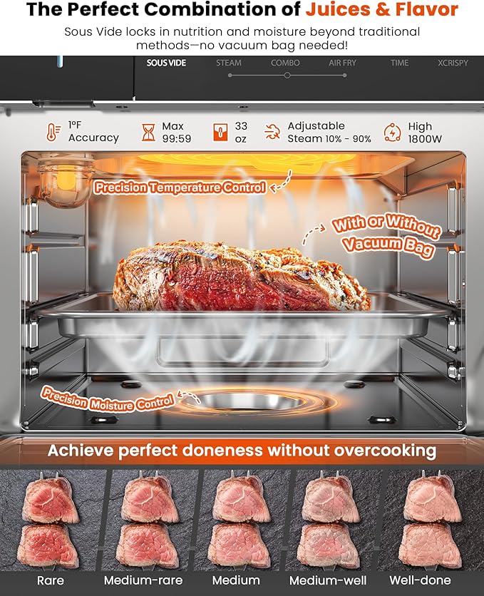 Nuwave Combi Steam Oven, Non-Toxic Stainless Steel Multi-Cooker with Air Fry, Steam, Sous Vide, Toast & More, 50-450째F Precision, 120 Presets, Moisture Control, Programmable, Easy to Clean