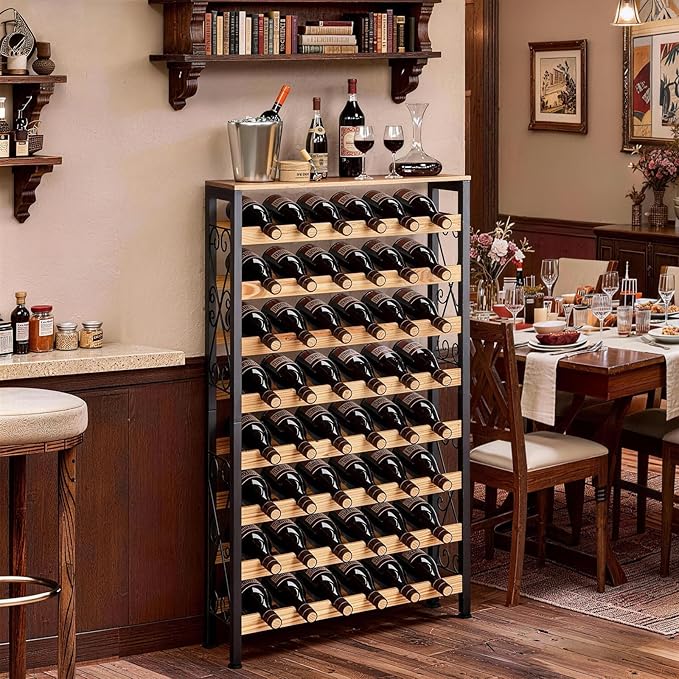 VEVOR 48 Bottle Wine Rack,8-Tier Iron Wine Bottle Holder with Wood Table Top,Freestanding Floor Display Wine Storage Shelves,for Kitchen Pantry, Cellar, Bar, Dining Room,26''L X 9.3''W X 46.9''H