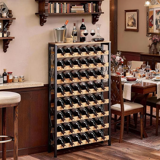 VEVOR 48 Bottle Wine Rack,8-Tier Iron Wine Bottle Holder with Wood Table Top,Freestanding Floor Display Wine Storage Shelves,for Kitchen Pantry, Cellar, Bar, Dining Room,26''L X 9.3''W X 46.9''H