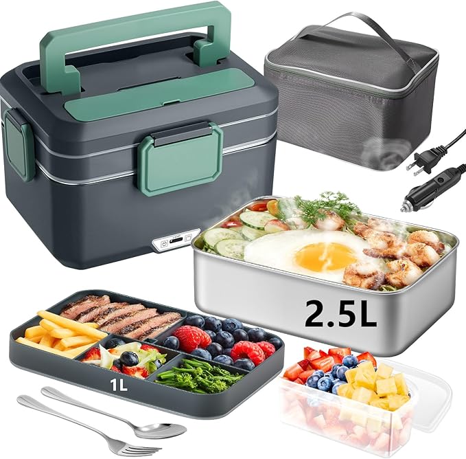 Vidaskeci Electric Lunch Box for Adultss 90W 3.5L 2-Layer Portable Heated Lunch Box for 12V/24V/110V with 2.5L Removable 304Stainless Steel Container Electric heating lunch box竊똦ome/Car/Office/Truck