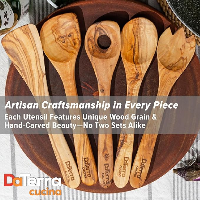 12-Inch Olive Wood Cooking Tools ??5-Piece Wooden Kitchen Utensils Set with Spoons, Spatulas & Cooking Tools ??Wood Kitchen Utensils Set for Cooking ??Crafted Wood Essentials by DaTerra Cucina
