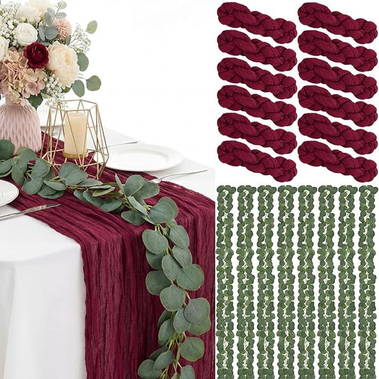 Gilprop 60 Pack Burgundy Table Runner Decor Set 10 ft Cheesecloth Table Runner & 7.9ft Artificial Eucalyptus Garland Boho Gauze Fabric Centerpiece for Wedding, Bridal Shower, Party Decorations