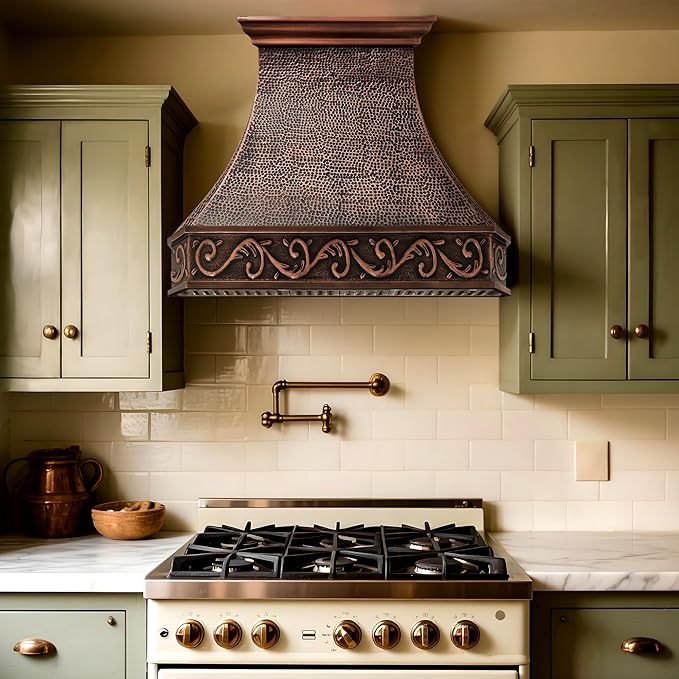 CT Copper Tailor Copper Vent Hood Wall Mount,30'' W,30''H, 610 CFM Exhaust Fan,Stainless Steel Vent,LED Light,Dishwasher-Safe Baffle Filters,Heavy Hammered-Medium Patina,VH3A