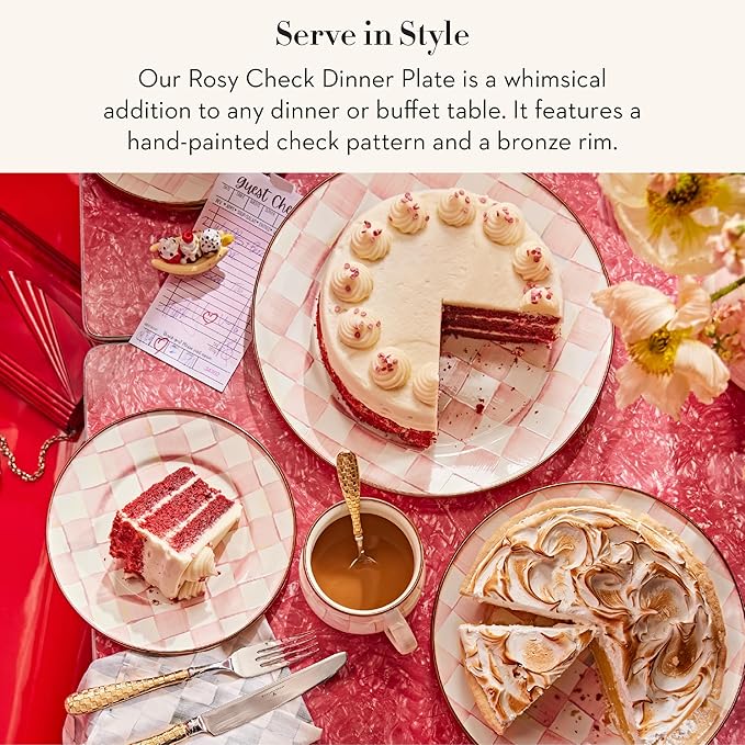 MACKENZIE-CHILDS Enamel Dinner Plate, Decorative Dinnerware Plate, 10 Inches, Set of 1, Pink-and-White Rosy Check