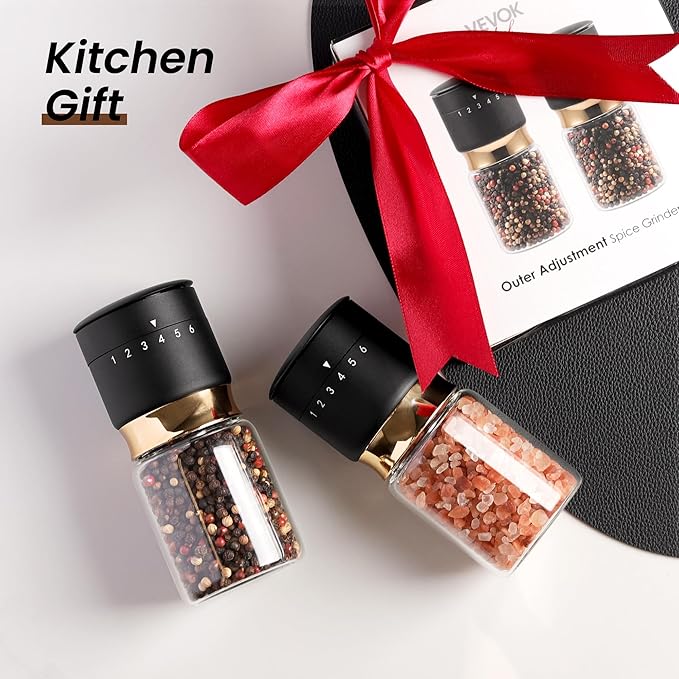 Gold Salt and Pepper Grinder Set with External Adjustable Coarseness Stainless Steel Sea Salt & Pepper Mill Set Ceramic Core Spice Grinder Refillable Glass Black and Gold Shaker Kitchen Accessories
