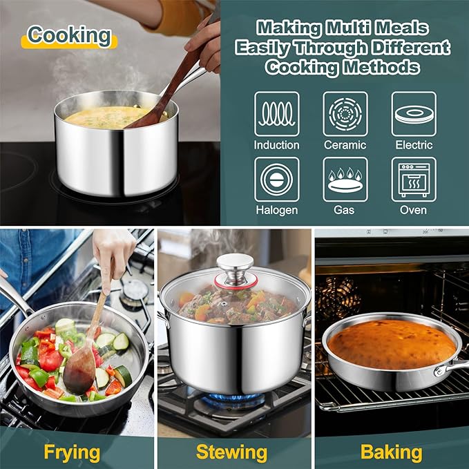 P&P CHEF 3-Ply Stainless Steel Cookware Set of 6, 10-Pieces Pots and Pans Sets Stainless Steel for Kitchen, Induction Multi Cooktops & Oven, Dishwasher Safe, Frying Pans, Saucepans, Saute Pan & Pot
