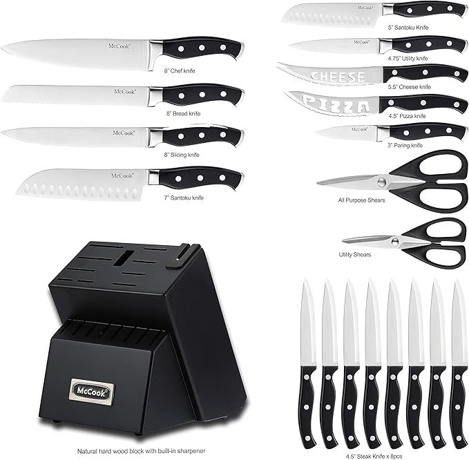 McCook짰 Black Knife Sets, German Stainless Steel Forged Kitchen Knives Block Set with Built-in Knife Sharpener