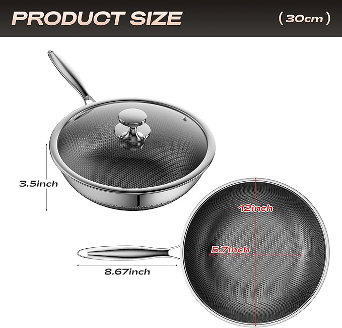 Wok,Hybrid 12-Inch Wok with Lid,Nonstick Stainless Steel Woks & Stir-fry pans,Dishwasher-Friendly,PFAS PFOA PTFE Free, Oven-Safe Up to 600째F,Compatible with All Cooktops