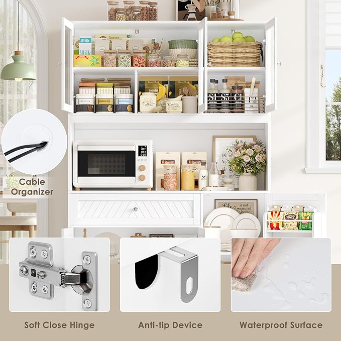 72??Tall Kitchen Pantry Storage Cabinet, Modern White Kitchen Hutch with Large Storage Drawer, Countertop, Adjustable Shelves, Food Pantry Cabinets for Dining Room, Living Room