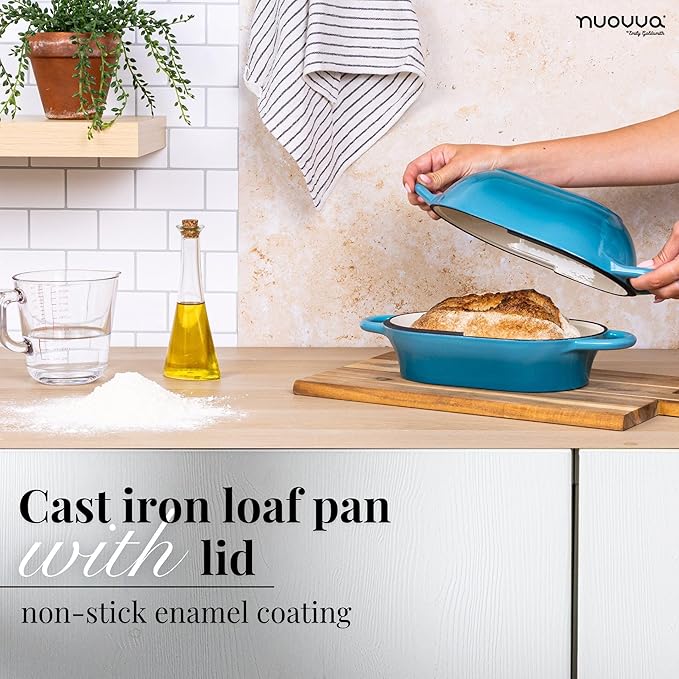 Dutch Oven For Sourdough Bread Baking ??Enamelled Cast Iron Bread Loaf Pot ??Oven Safe Non Stick Bread Pot ??Rectangular,Light Blue, 24cm x 16cm ??by Nuovva