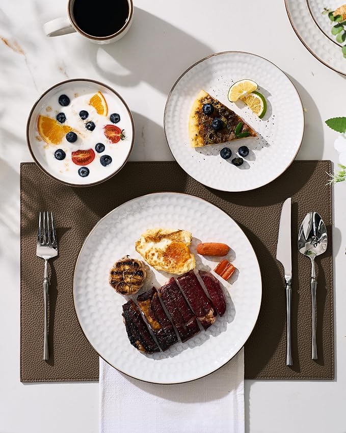 Famiware Eden Plates and Bowls Sets, Stoneware Dinnerware Sets with Gold Trim, 24 Pieces Dishes Set for 8 - Chip and Scratch Resistant, Microwave and Dishwasher Safe, White Circle