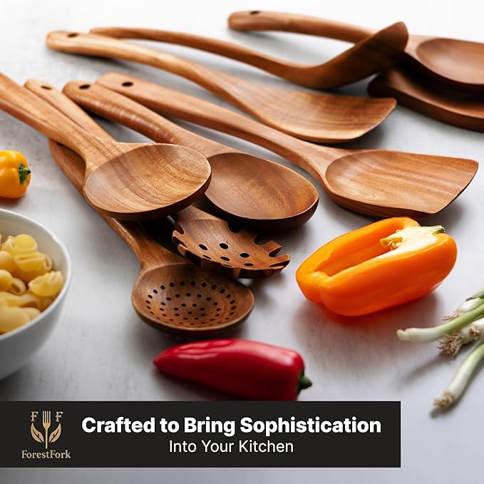 Wooden Kitchen Utensil Set, 9-Piece Teak Wood Kitchen Spoons for Cooking- Durable, Comfortable Grip, Non-Stick, Heat Resistant, Non-Scratch Kitchen Utensils-Perfect Cooking Gift