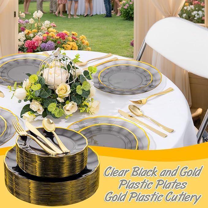 EI 150pcs Clear Black Dinnerware Set,Clear Black Fancy Plastic Plates with Gold Rimmed and Gold Plastic Silverware,Heavy Duty Party Plates Disposable for Afternoon Tea,Business Events,Hotel Banquets