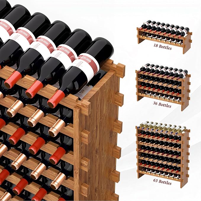 VASMIA Bamboo Stackable Wine Rack,72 Bottles Wine Rack Freestanding Floor,No Tools Assembly,8-Tier Display Wine Storage Shelf for Kitchen, Bar, Dining Room,Cellar,Walnut