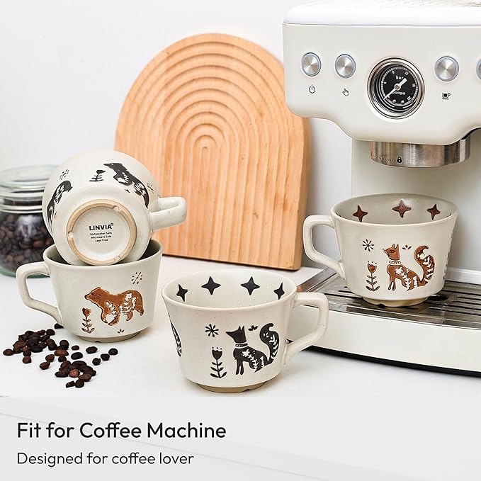 Ceramic Coffee Mug, 12 oz Novelty Unique Teacup with Handle, Stoneware Cup for Tea Mocha Latte Cappuccino Espresso (Set of 4, Fox and Bear)