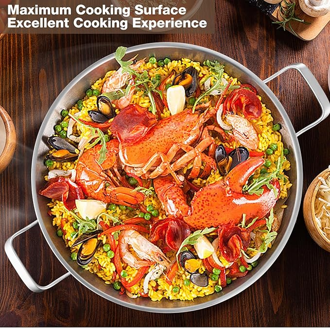 Tri-Ply Stainless Steel Paella Pan Large Saute Pan with Lid (Stainless Steel, 13.5 INCH)