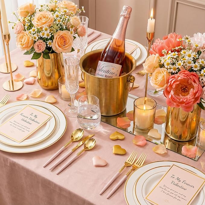 SUT 160Pcs Pink and Gold Plastic Silverware, Heavy Duty Plastic Silverware, Valentines Plastic Utensils, 80 Plastic Forks, 40 Knives, 40 Spoons, Disposable Cutlery for Parties, Valentines(Pink Gold)