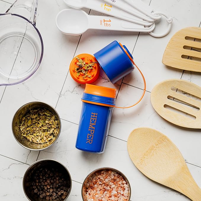 Hemper Keeper 3?멼n?? Herb Grinder with Dual Storage Container - Smell?멠roof, Airtight & Water?멢esistant - Built?멗n Removable Grinder, Dual Compartments for Flower & Ground - (Blue & Orange)